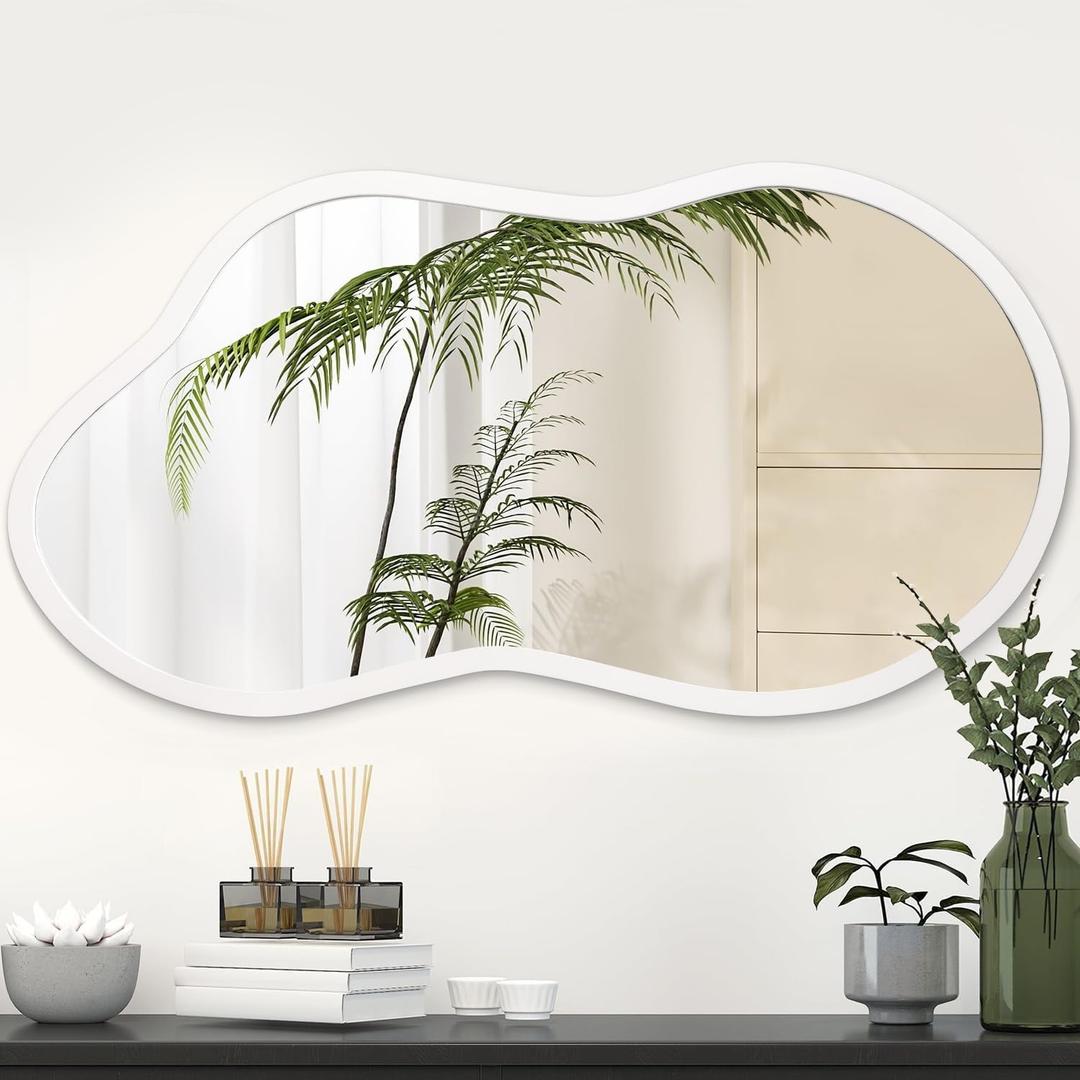 AAZZKANG Small Wall Mirror with Irregular Wood Framed Decorative White Hanging Mirrors for Bedroom Dressing Room Living Room Bathroom Entryway (18"L x 10"W)