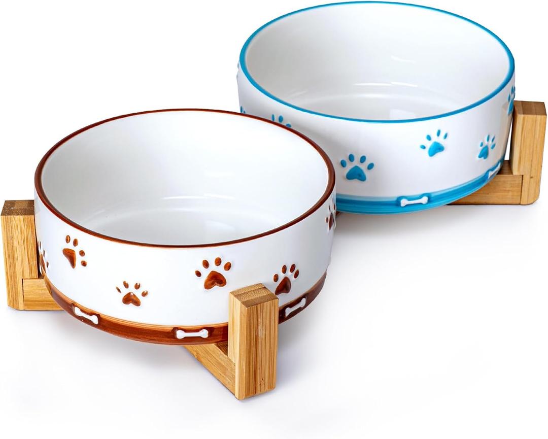 YUN TAO 3.5 Cups Pet Bowls Set of 2 for Medium Dogs,Ceramic Pet Food Water Dish Feeding with Wooden Stand,Cute Puppy Pet Dishes,Includes Non-Slip Silicone Mat