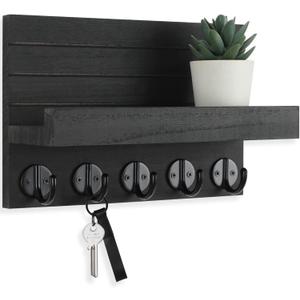 Lwenki Key Holder for Wall, Decorative Key and Mail Holder with Shelf Has Large Hooks for Bags, Coats, Umbrella  Paulownia Wood Key Hanger with Mounting Hardware (9.8W x 6.7H x 4.2D) (Black)