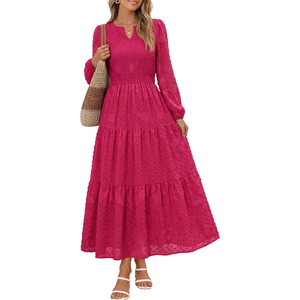 MEROKEETY Spring Summer Midi Dresses for Women 2026 Fall Casual Vacation Long Sleeve V Neck Tiered Cotton Maxi Dress Pockets (Medium, Pink)