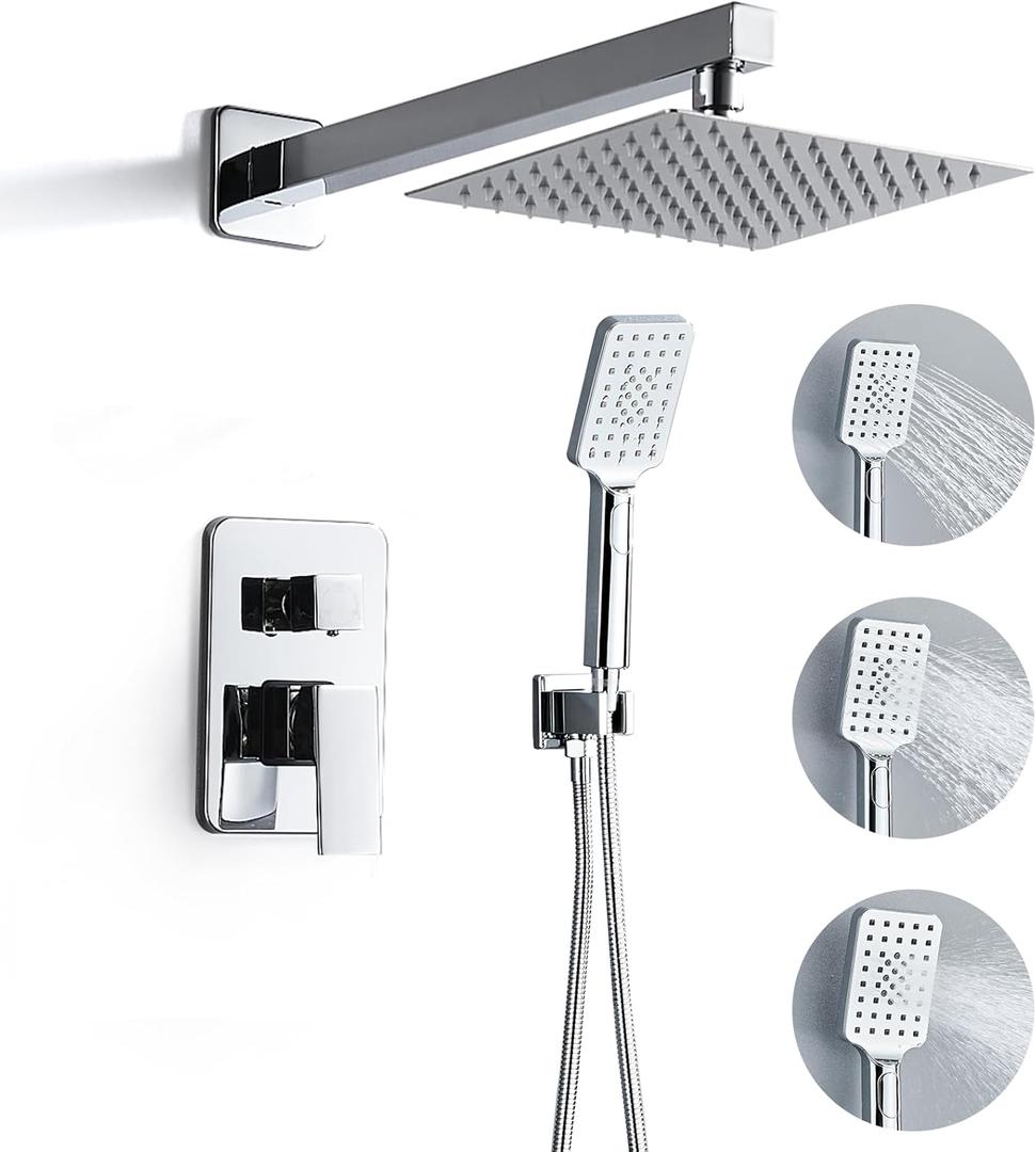 8 Inch Shower Faucet Set, Rainfall Shower System with High Pressure Handheld Shower Head, Bathroom Mixer Wall Mounted Shower Faucet Rough-in Valve and Trim Kit, Polish Chrome, with 3-Setting