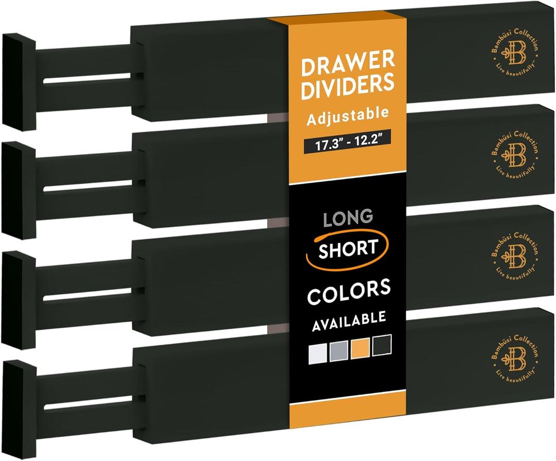 Bambsi 4 Pack Drawer Divider - Bamboo 2.6" High, 12.5-17" Adjustable Drawer Organizers for Clothes, Expandable Dresser Separators in Bedroom/Bathroom/Kitchen/Office Organization and Storage (Black)