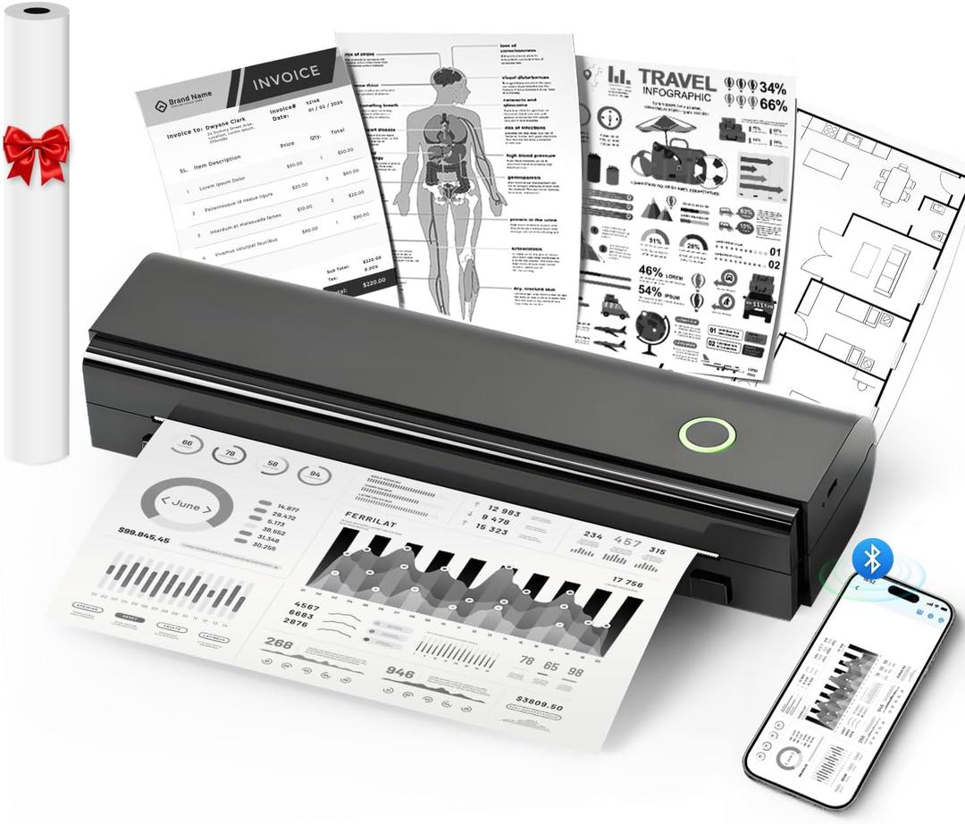 Portable Printers Wireless for Travel, N80 Wireless Thermal Printer Bluetooth Inkless Printer Support 8.5" X 11" US Letter & A4, Compatible with iOS, Android, Laptop