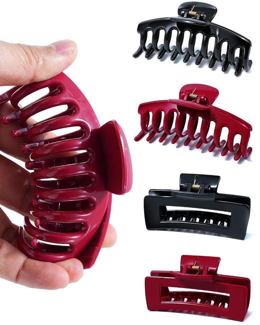 Mesovor 4 Pack Silicone Flexible Hair Claw Clips, Nonslip Large Bendable Claw Clip | Soft Hair Grip Hairclips for Thin and Thick (Black, Wine Red)