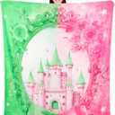50*60'' Witch Throw Blanket Pink and Green Vintage Flannel Blanket Musical Witch Princess Castle and Bow Party Decoration Birthday Gifts for BFF Couples Movie Night Bedding Sofa Picnic Stuff