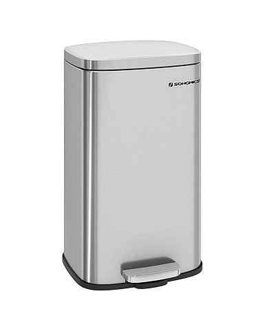 SONGMICS Trash Can with Lid, 8 Gallon Waste Bin, Small Stainless Steel Step Pedal Trash Can with Inner Bucket, Soft Close, Kitchen, Silver ULTB03NL