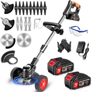 Electric Weed Wacker Eater Battery Powered 3 in 1 Cordless Weed Trimmer 2 21V Battery Operated with 4 Types Blades & Wheels, No-String Grass Trimmer/Lawn Edger/Brush Cutter for Garden Yard