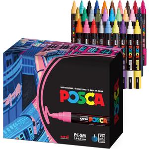Uni Posca Paint Markers, 5M Medium Acrylic Markers with Reversible Tips, Artist Recommended For Gifts, Decorations, Fabric, Metal, Glass, Wood and Canvas, Assorted Colors, Set of 29