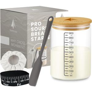 Pro Sourdough Starter Kit - 34oz Glass Jar with Bamboo Lid, Thermometer Strip, Feeding Band, Breathable cloth& Silicone spatula | All-Inclusive Baking Supplies for Artisan Bread