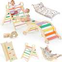 BlueWood Pikler Triangle Set with Cushion, 8-in-1 Climbing Toys for Toddlers, Montessori Philosophy Play Jungle Gym with Arch, Ramp, Ladder(Sunshine Rainbow)