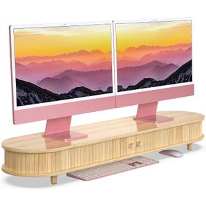 Bamboo Dual Monitor Stand with Storage, Curved Double Computer Laptop Stand Desk Shelf Organizer with Sliding Doors (42 inch)