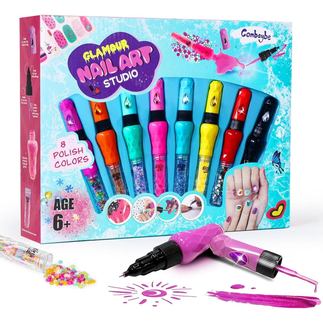 8-Count Nail Art Pen Set for Kids, Non-Toxic Nail Polish & Glitter with Doodle Tip, Nail Art Kit for Girls 7-12, Birthday for 8-12, Toys for 10 Year Olds, Includes Stickers, Gems (Blue)