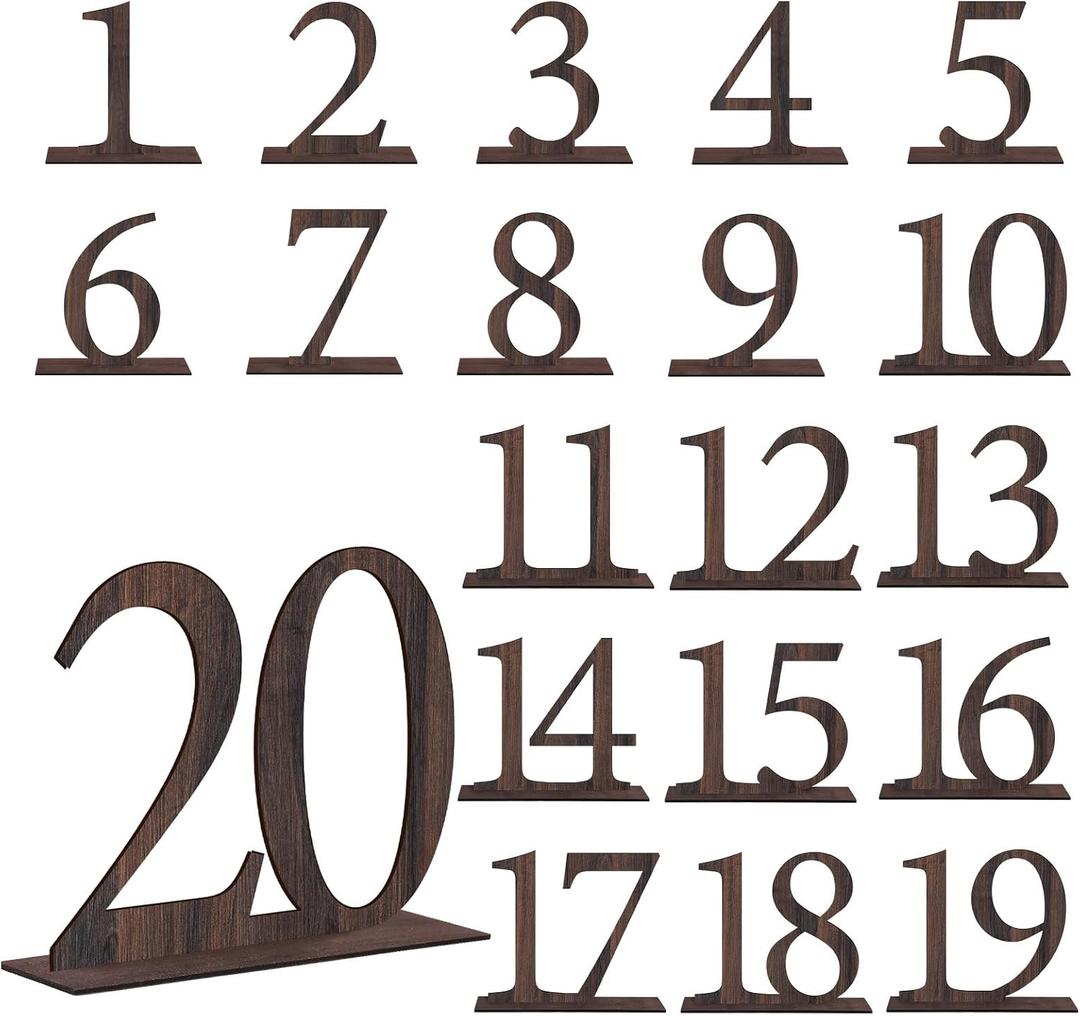 FYSUIMU 20Pcs Wedding Table Numbers 1-20 Rustic Wooden Table Numbers with Stands Wood Place Card Number Sign Display Markers for Wedding Reception Centerpiece Event Catering Party Supplies
