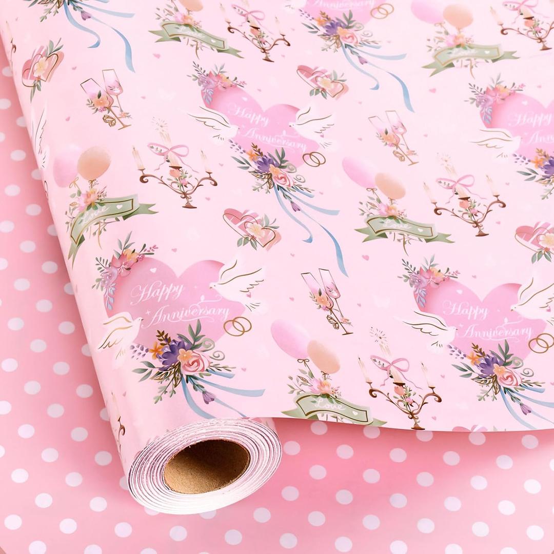 2 x Merture Pink Happy Anniversary Reversible Wrapping Paper - 17 In X 33 Ft, 17in x 32.8ft