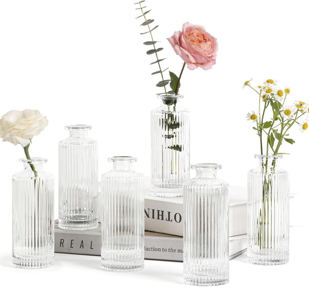 ComSaf Small Vases for Flowers Mini Clear Glass Bud Vases in Bulk, Mini Flower Vase, Vases for Centerpiece, Ribbed Vase Set, Wedding Table Ceterpiece, Home Decor, Housewarming Gift (Clear) (6 Pcs)