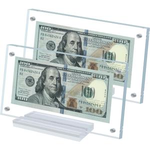 2Pcs Dollar Bill Frame Display Acrylic Dollar Bill Holder for Collectors Currency Frame Display Case Double-Sided Transparent Ticket Banknotes Stamp Photo Protector(Transparent-2)