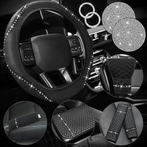 Sinmoe 10 Pcs Bling Car Accessories Set for Women Rhinestones Leather Accessories Steering Wheel Cover Armrest Gear Shift and Seat Belt and Handbrake Cover Cup Pads Start Button Ring(Black