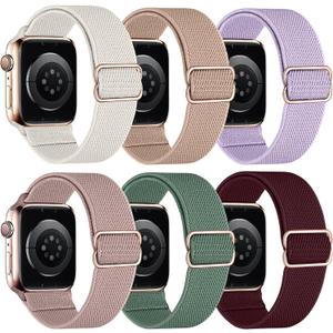 MITEV 6 Pack Stretchy Solo Loop Compatible with Apple Watch Band 38mm 40mm 41mm 42mm 44mm 46mm 45mm 49mm Women,Soft Nylon Elastic Braided Strap Wristband for iWatch Series 11 10 9 8 7 6 5 4 3 Ultra/SE (Starlight/Rose/Cactus/Win Red/Pink/Purple)