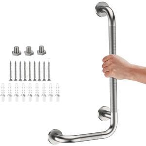 Brushed Nickel Angled Grab Bar 12x24 Inch, iHansee Bathroom Safety Bar w/Anti-Slip Knurled Grip, Wall Mount L-Shaped Shower Handle for Elderly Senior Handicap, Toilet Bathtub Balance Support Bar