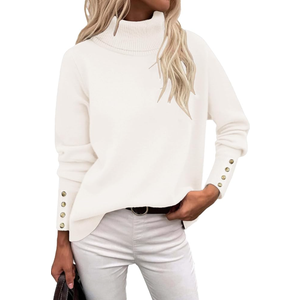 Rapbin Turtleneck Sweaters for Women 2026 Fall Winter Long Sleeve Knit Pullover High Low Hem Sweater with Metal Buttons XL