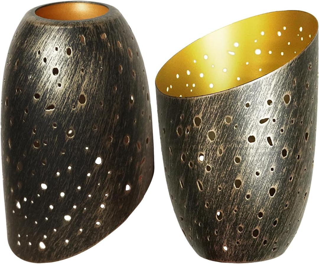 Metal Small Cut Corner Lamp Shade Laser Star Bevel Floor Lampshade Bronze Outside And Gold Inside 4.4" Top X 5.9"Height (2 Pcs)
