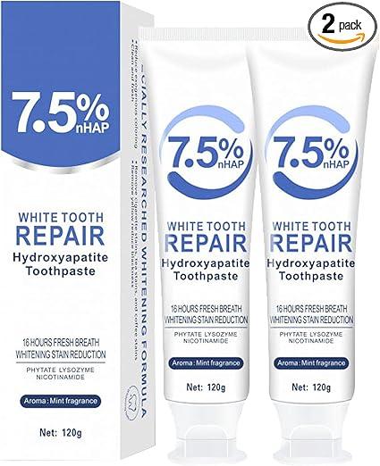 2pcs 7.5% Hydroxyapatite Toothpastes for Enamel Protection and Tooth Strengthening, 7.5% Nano Hydroxyapatite Toothpaste White Tooth Repair, Fluoride-Free, Gentle Mint, Fresh Breath