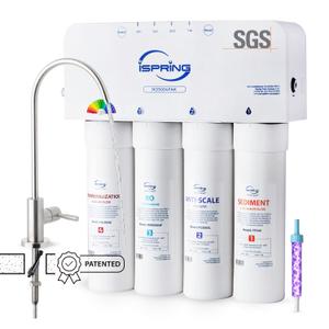 iSpring RO5004F-AK Alkaline Reverse Osmosis Water Filter with UV, SGS Tested PFAS and TDS Reduction, 500 GPD, pH+, 2:1 Pure to Drain Tankless Remineralization RO System Under Sink, Filter Life Monitor (Brushed Nickel Faucet)