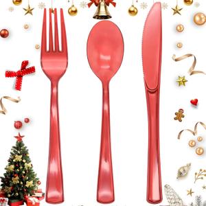 150 Pack Red Plastic Silverware, Red Utensils Heavy Duty, Disposable Plastic Cutlery Include 50 Forks, 50 Spoons, 50 Knives for Birthday, Party, Christmas, New Year