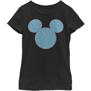 Disney Characters Mickey Americana Paisley Girl's Solid Crew Tee (Medium, Black)