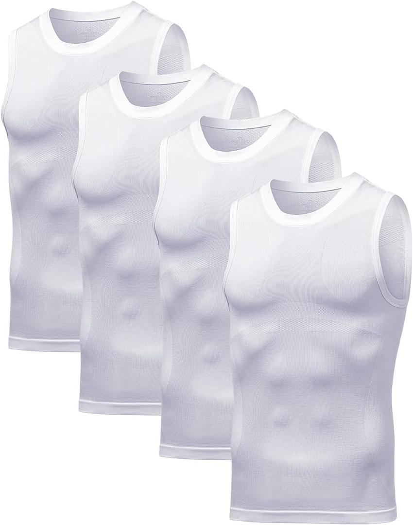 Arjen Kroos 4 Pack Compression Tank Top Men Sleeveless Athletic Base Layer Workout Shirt Slimming Shaper Undershirt (White, XXL)