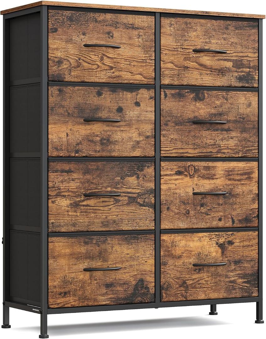 SONGMICS Dresser for Bedroom, Chest of Drawers, Steel, MDF, 8 Non-Woven Fabric Drawers, Storage Organizer Unit, Closet, Entryway, Rustic Brown and Ink Black ULGS124B02S