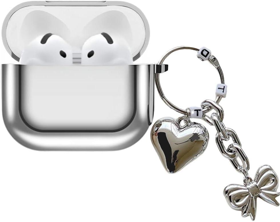 Electroplated TPU Case for AirPods 4 2024, Cute Mirror Love Heart Bowknot Keychain Soft Cover, Shockproof Protective Case for AirPods 4, Glitter Silver (D)