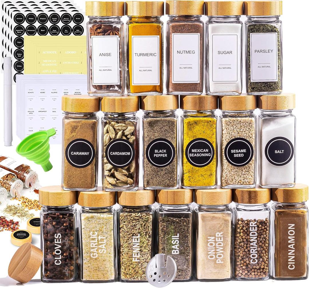 Glass Spice Jars with Label Set, Bamboo Lids & Funnel - Kitchen Airtight Storage Jars with Lids - Spices and Seasonings Sets Organizer, Spice Glass Jar with Lid Food Canister Bottle Sugar Shaker, 11 Pack