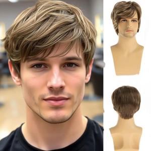 Mens Mixed Blonde Wig Short Straight Synthetic Blonde Mixed Brown Hair Wigs for Male Guy Daily Wear Anime Costume Halloween Cosplay Party
