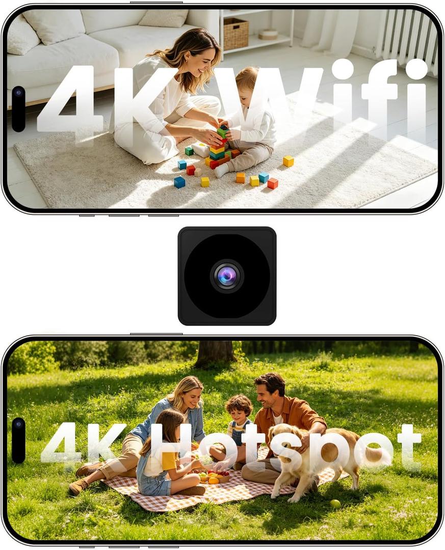 No Wifi Security Camera, 4K Mini Security Camera, Wireless Small Cameras | Works with or Without Wifi, Night Vision, Motion Detection, Cloud & TF Storage, for Home/Pet/ Indoor/Outdoor, Dark Black