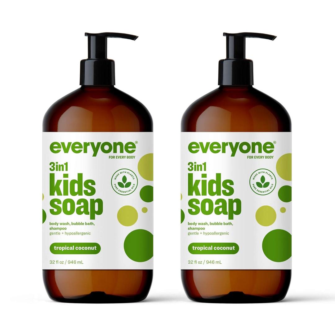 Everyone 3-in-1 Kids Soap, Body Wash, Bubble Bath, Shampoo, 32 Ounce (Pack of 2), Tropical Coconut, made with Essential Oils for Toddlers, tweens and teens