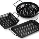 3 Pack Grill Topper Pans for Outdoor Grill, Stainless Steel Vegetables BBQ Grilling Basket with Holes Handles, Nonstick Barbecue Pan Grilling Gifts for Camping Picnic Cooking Seafood Meat