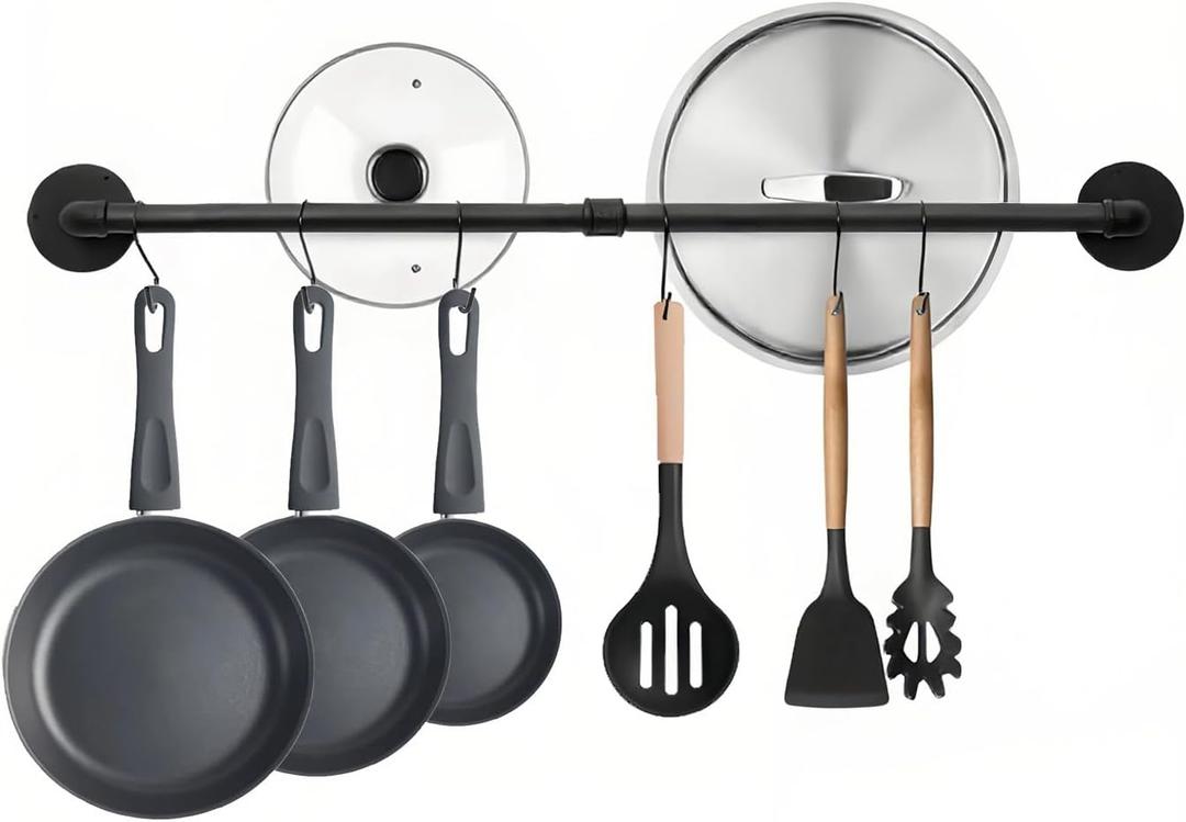 24 inch Pot Rack Wall Mounted Pot Hangers for Kitchen, Detachable Storage Organizer, Industrial Pipe Lids Utensils Hanging Rail Iron Holder with 6 S Hooks, Black