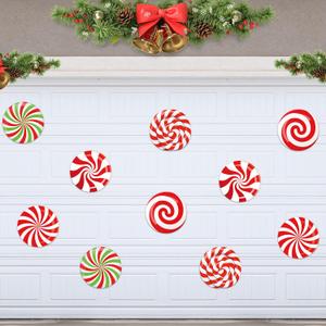 Crtiin 10 Pcs 12 Inch Christmas Peppermint Garage Door Magnets Red White Green Magnetic Door Christmas Decorations Large Holiday Magnetic Stickers for Refrigerator Decor