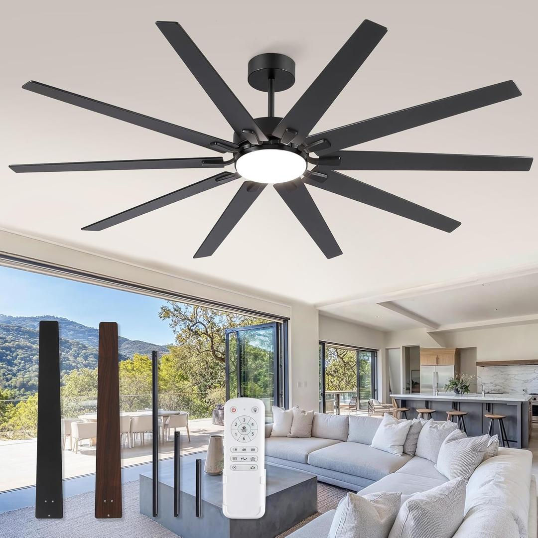 80 Inch Industrial Ceiling Fans with Lights, Large Ceiling Fan with Quiet DC Motor, 10 Reversible Dual-Color Blades, 3CCT, 6-Speed, Indoor/Outdoor Ceiling Fans for Porch/Garage/Shop (Black)