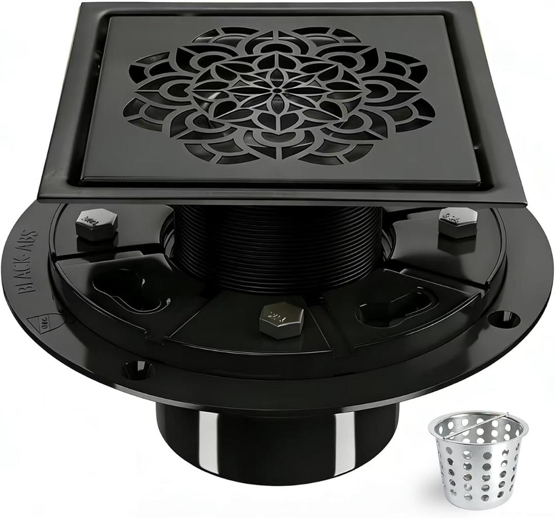 6 Inch Shower Drain, Square Shower Floor Drain Kit with Flange and Removable Cover Grate, AISI 304 Stainless Steel, Matte Black