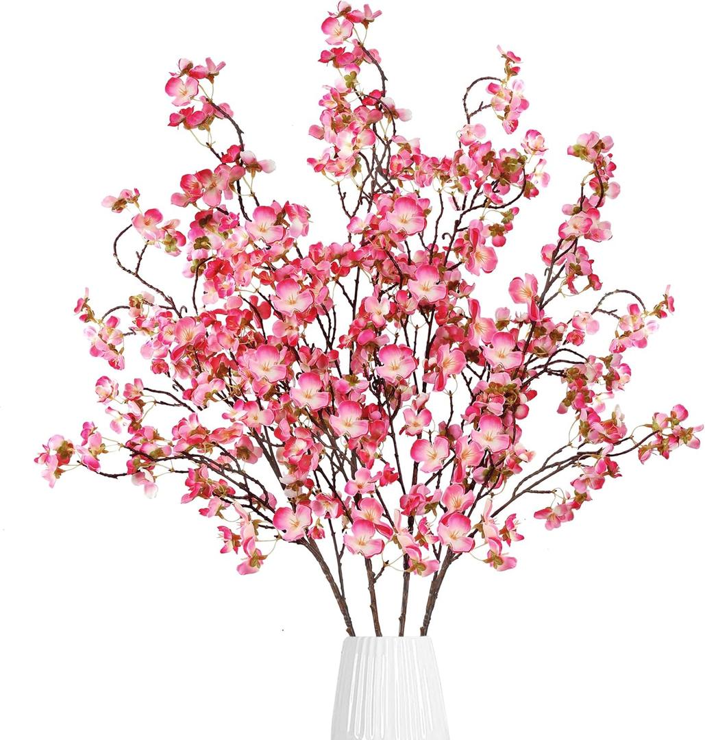 Sggvecsy Artificial Cherry Blossom Flowers 4 Pcs Faux Cherry Blossom Stems Faux Silk Cherry Blossom Branches 41 Fake Flowers Long Stems for Vase Arrangements Home Wedding Table Decor (Rose red)