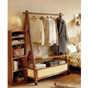 61" Heavy Duty Rolling Clothes Rack, 110 lbs Capacity Solid Bamboo Garment Rack with Double Layer Shelf, Portable Wardrobe & Wood Coat Rack for Bedroom, Laundry, Closet (Walnut)