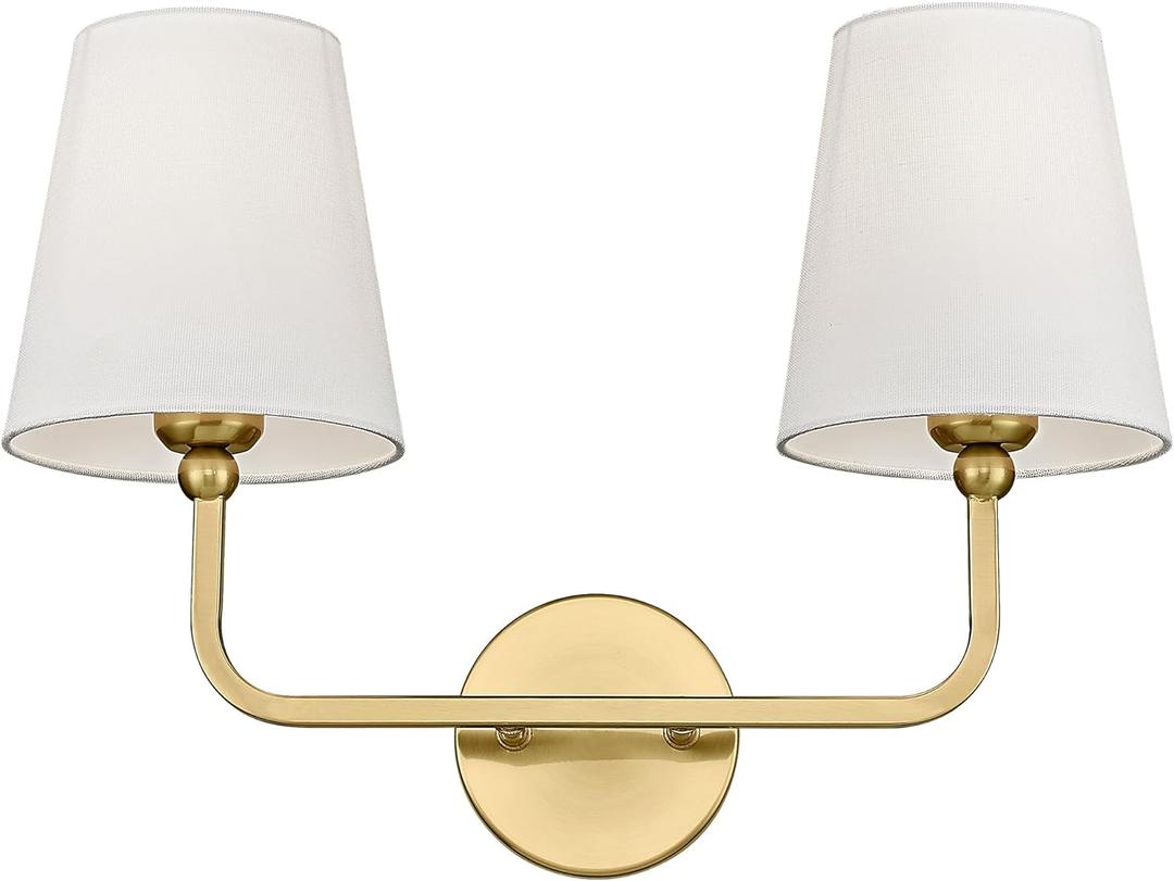 2 Light Bathroom Vanity Light, Brushed Gold Double Wall Sconce with Flared White Fabric Shade, Modern Sconces Wall Lighting for Hallway Bedroom Stairway, VL837-BG