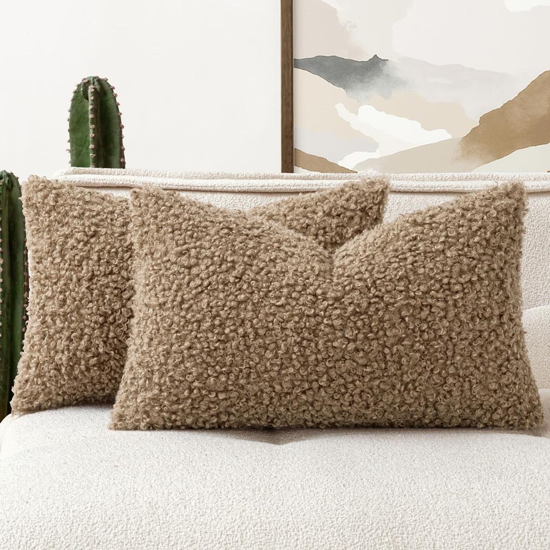 Woaboy Faux Fur Throw Pillow Covers 20x12 Inch Set of 2 Boucle Neutral Decorative Lumbar Sherpa Fuzzy Accent Soft Sheepskin Fleece Cushions Modern Home Decor for Couch Sofa Bedroom Living Room,Khaki