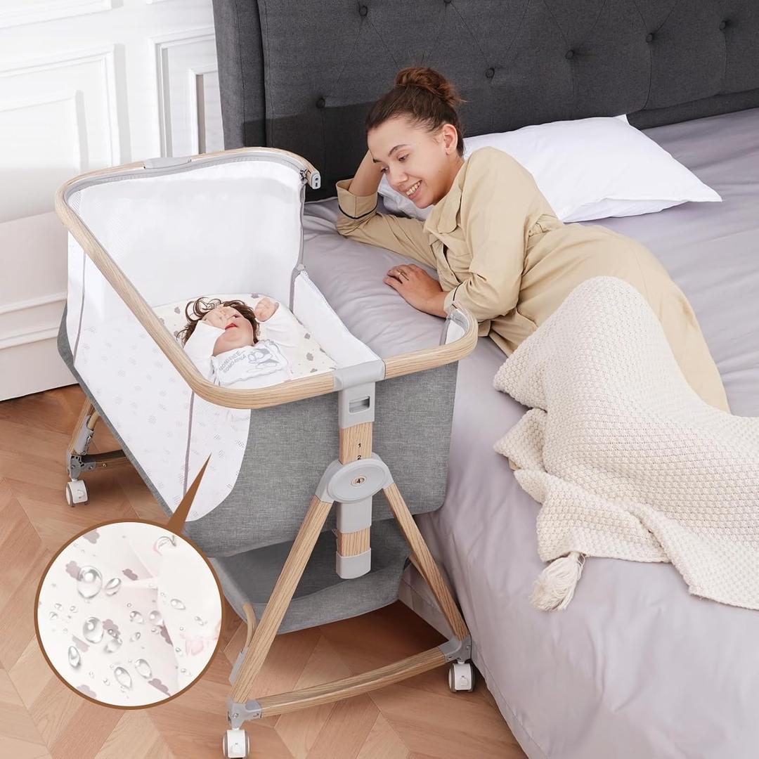 Baby Bassinet Bedside Sleeper - 3 in 1 Bassinets with Waterproof Sheets, Soft Mattress and Breathable Mesh, Adjustable Height Bedside Bassinet for Baby with Wheels, Storage Basket, Gray (Light Gray)