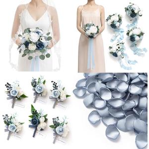 Ling's moment Wedding Artificial Flowers Package, Bridal Bouquet, Bridesmaid Bouquets, Boutonniere for Men, Rose Petals