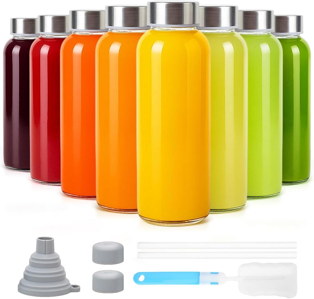 Sursip 10 oz Glass Juice Bottles, 8 Pack with Stainless Steel Lids Reusable Small Glass Bottles for Smoothies, Iced Tea & Milk Leak-Proof, BPA-Free, Dishwasher Safe