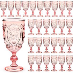 Wiwiqing 48 Pcs Plastic Goblets 7.5oz Vintage Goblet Plastic Wine Glasses Colored Retro Embossed Water Goblets for Wine Bar Juice Baby Shower Wedding Reception Grand Event Party (Pink)