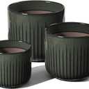 LE TAUCI Fluted Ceramic Planters Set of 3 – 8.3/7 / 5.7 in Dark Olive Reactive Cylinder Indoor Plant Pots with Drainage Plug & Mesh, Glossy Stoneware Flower Pots for Succulents Herbs